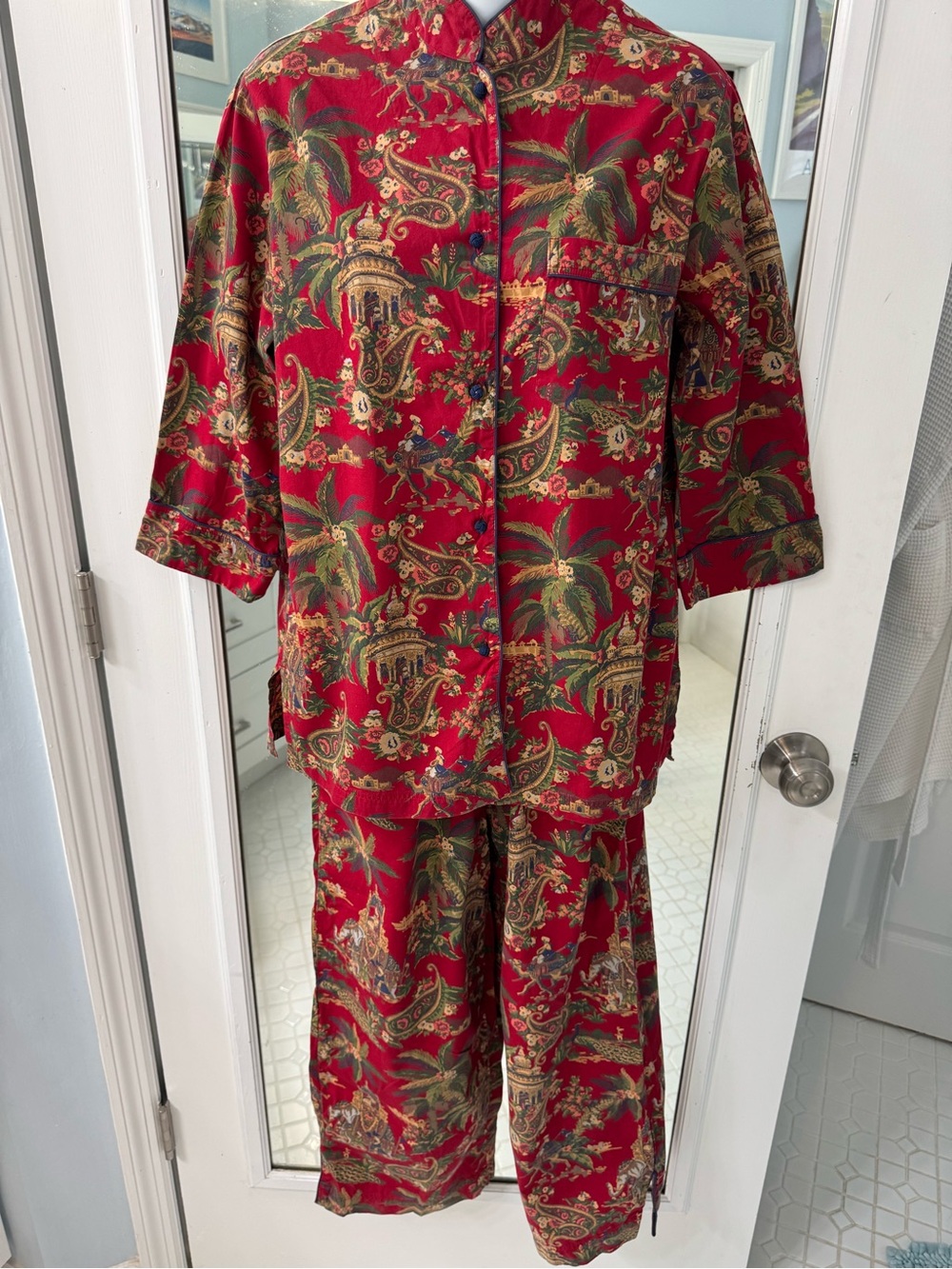 Pottery Barn Red chinoiserie Two-Piece Lounge Pajama Set 100% Cotton M